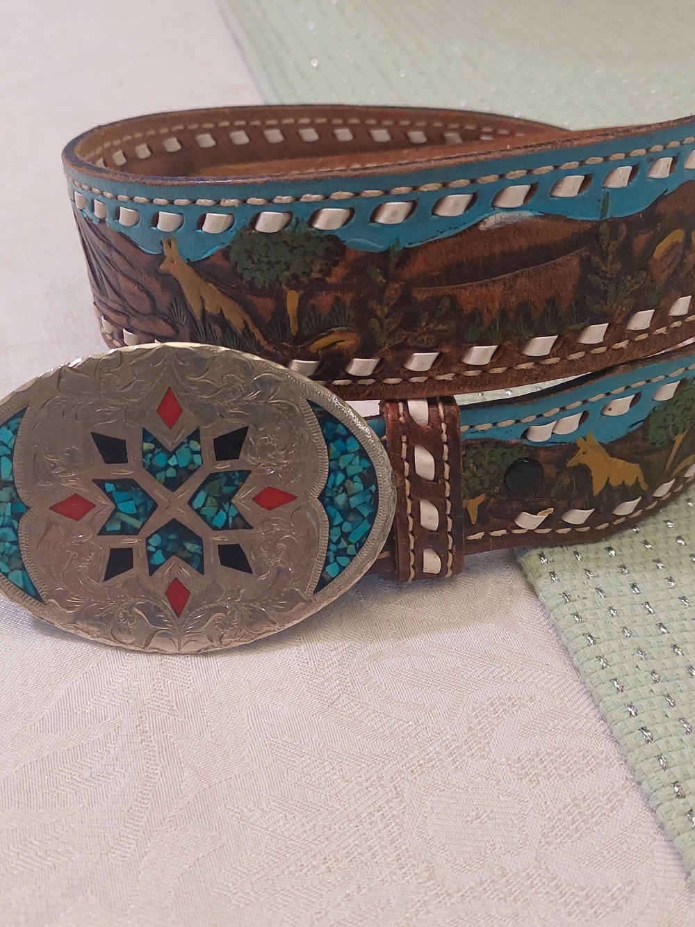 Turquoise Inlay Western Leather Belt with Decorative Buckle. Size 30 Waist